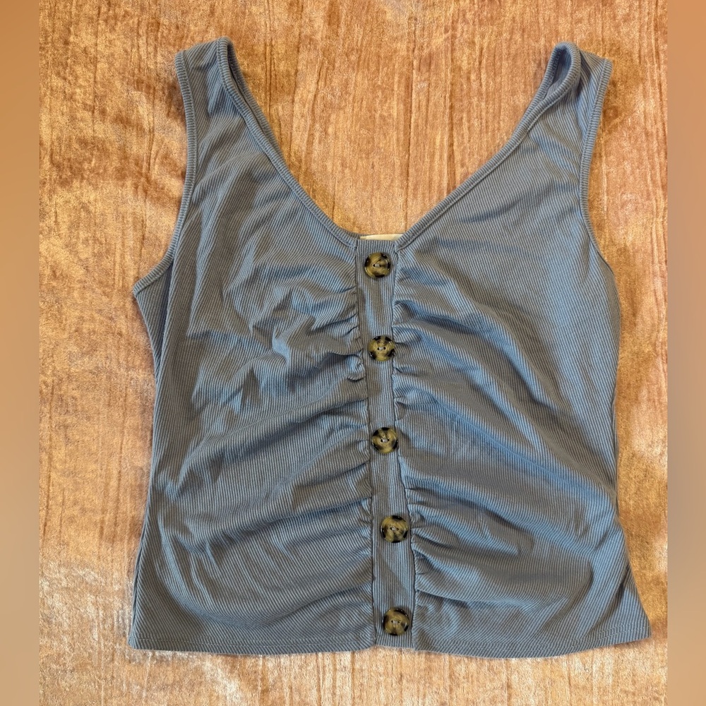 Lush Slate Blue Ruched Button-Front Ribbed Tank